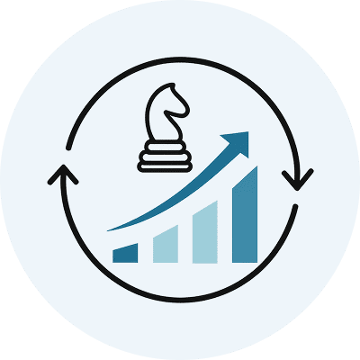 Knight and bar graph inside circular arrows.